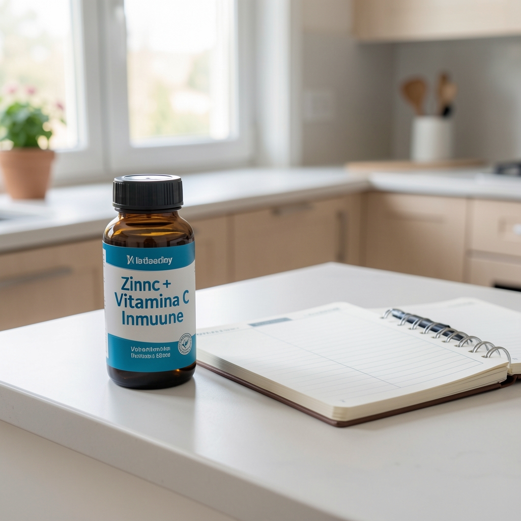 Zinc + Vitamina C Inmune sobre una superficie de cocina clara con luz natural y una libreta de rutina diaria