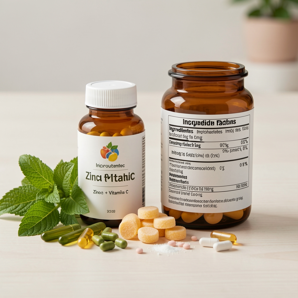 Ingredientes botánicos y micronutrientes de Zinc + Vitamina C Inmune ordenados junto a una etiqueta de composición