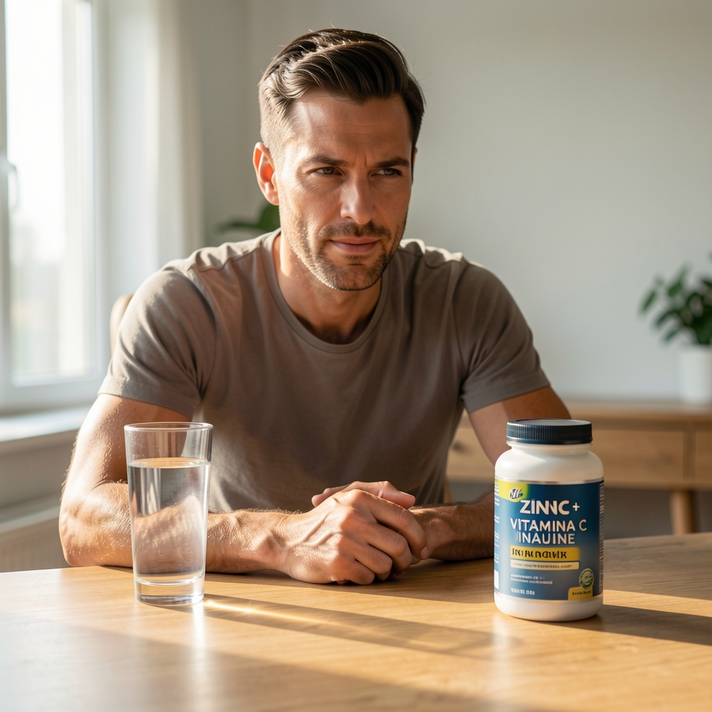 Rutina matutina de un adulto activo con vaso de agua y envase de Zinc + Vitamina C Inmune sobre una mesa iluminada