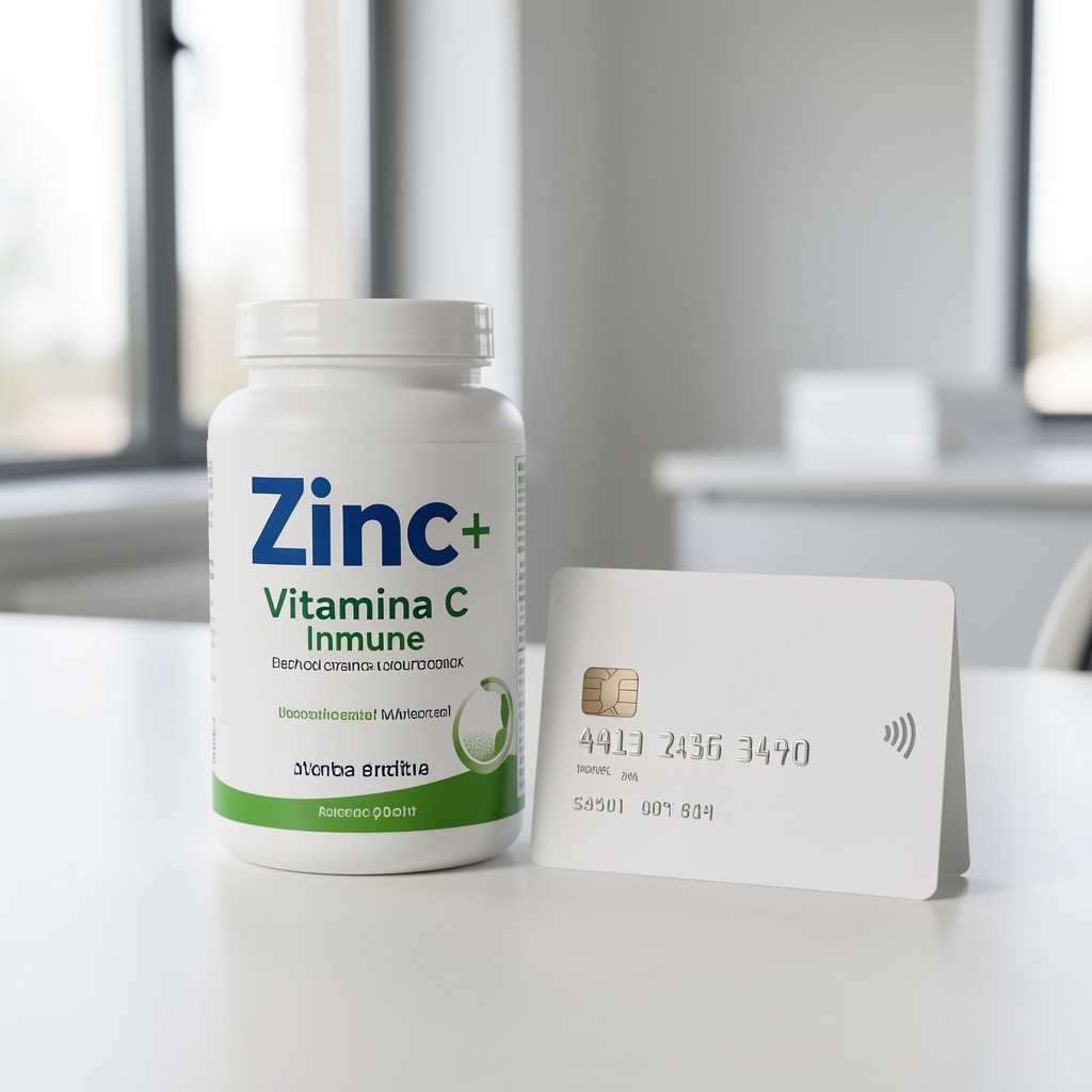 Detalle del envase Zinc + Vitamina C Inmune junto a una tarjeta de pago contra entrega