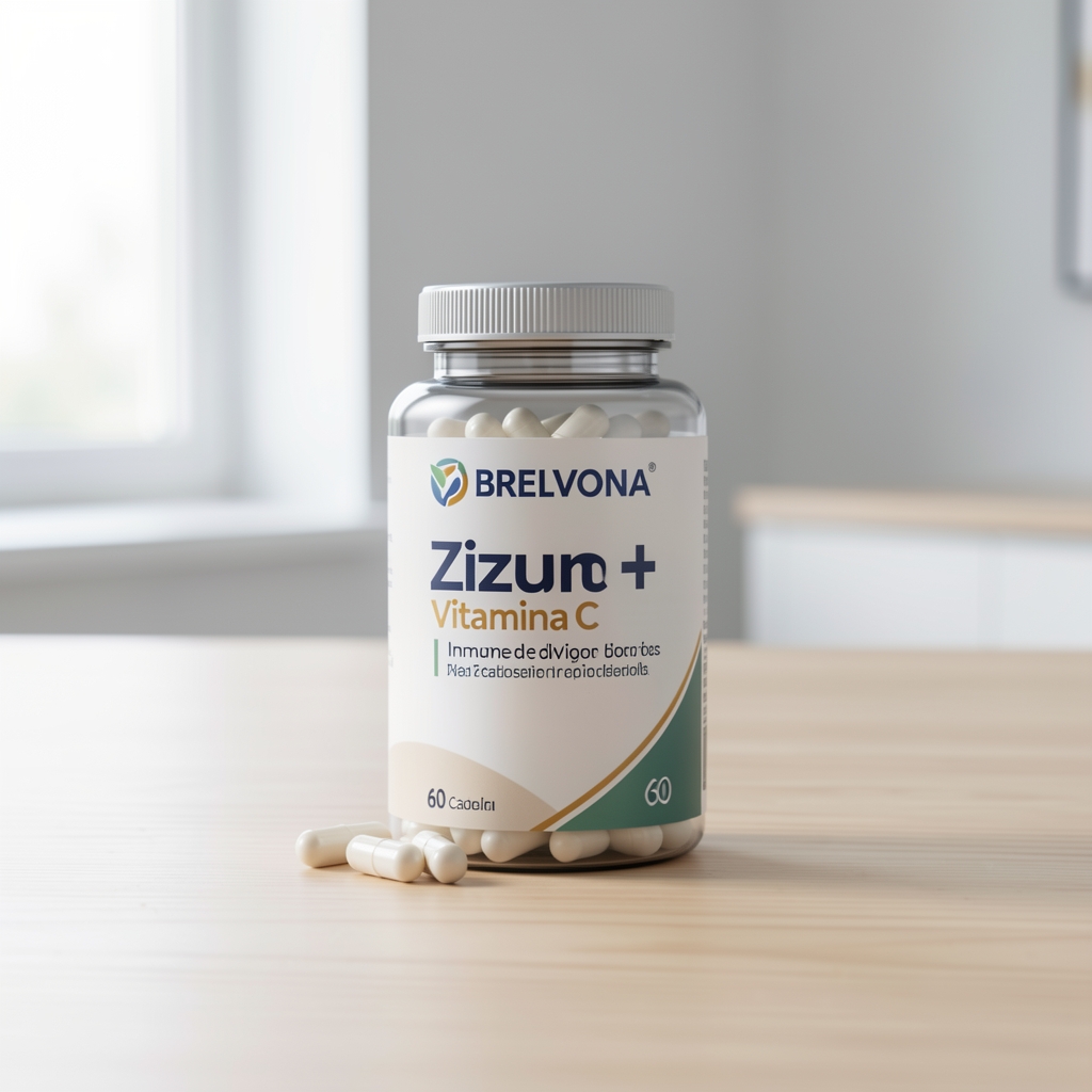 Envase de Zinc + Vitamina C Inmune de Brelvona con 60 cápsulas sobre mesa de madera clara